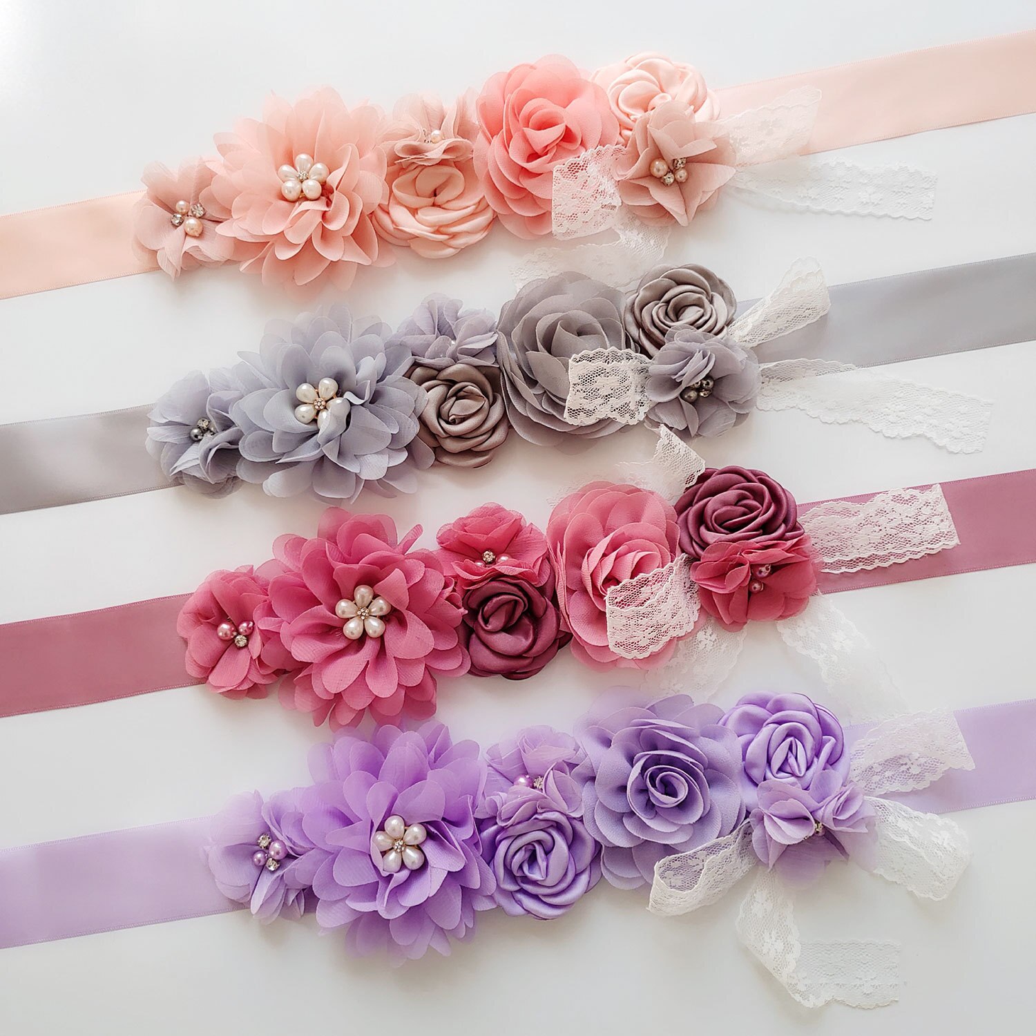 Womens Five Flower Belt Flower Girl Rhinestone Beaded Waistband Bridal Ribbon Cummerbunds Lace Sashes Wedding Waist Belt