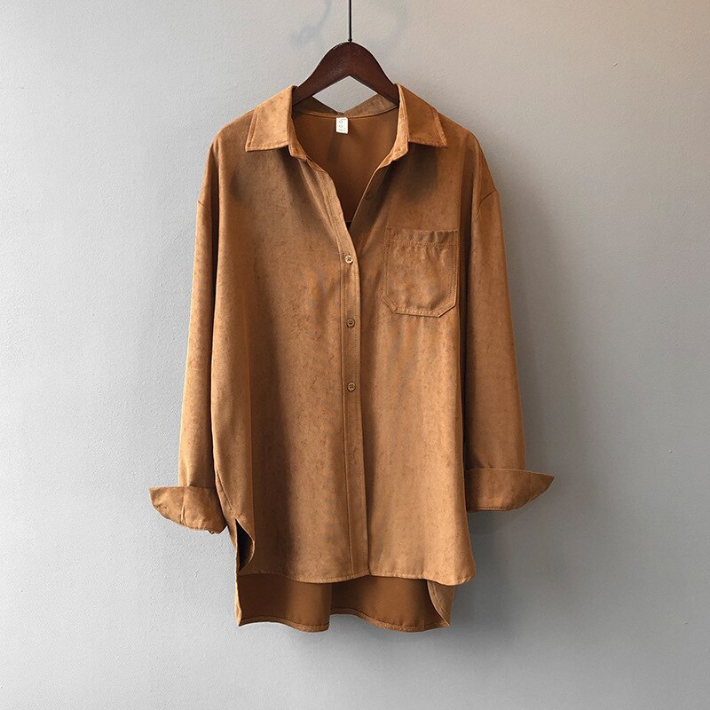 Blusa de estilo Retro con manga larga para verano, Camisa lisa con solapa y luz para mujer,: Marrón / L