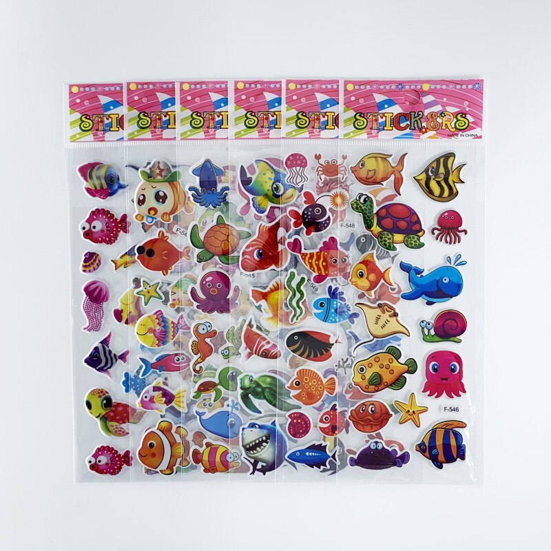 12 hojas/juego de pegatinas de dibujos animados 3D con de peces marinos para niños, pegatinas para álbum de recortes de PVC con burbujas para niños y niñas, bonito