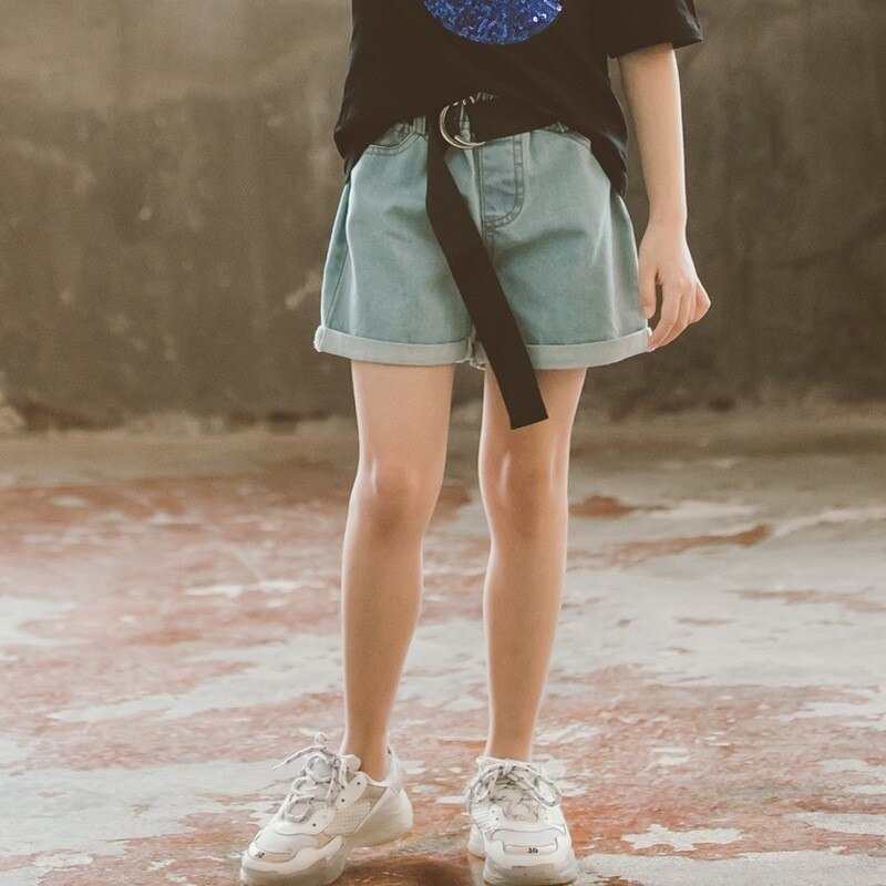 Baby stora flickor shorts jeans sommar barns solida shorts barn bälte jeansshorts för flickor kläder småbarn flicka kläder