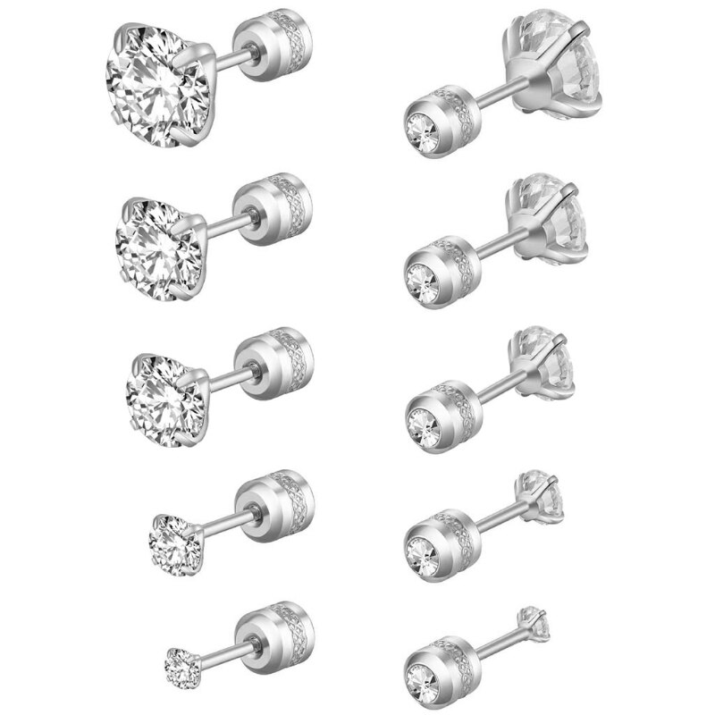 5 Pairs Rvs Cubic Zirconia Stud Oorbellen Set Voor Hypoallergeen Multi-Piercing Oren Van Mannen Vrouwen Jongens Meisjes: Silver
