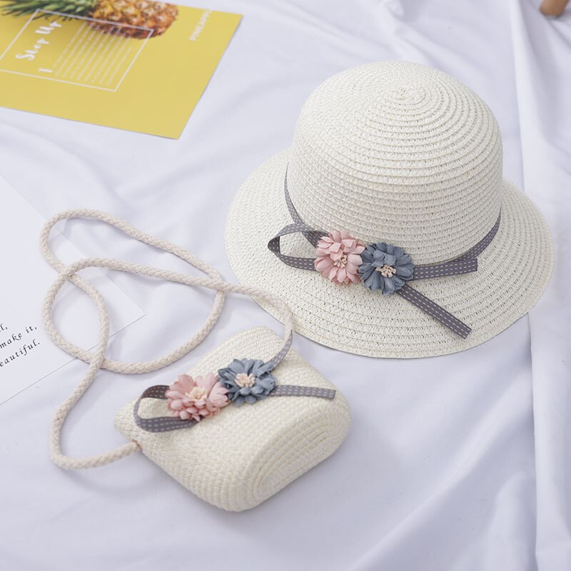 2 pçs meninas flor chapéu de palha com bolsa crianças verão chapéu de sol meninos meninas panamá praia chapéus: WHITE
