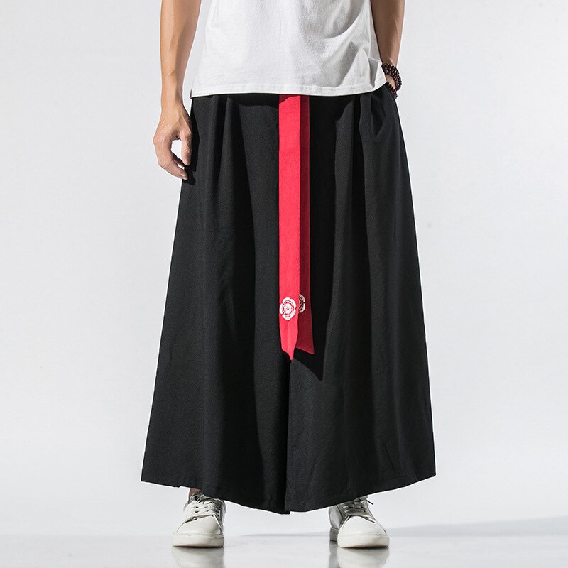 Japanese Traditional Samurai Style Kimono Loose Casual Wide Leg Pants for Men Streetwear Linen Male Solid Trouser Pants: Color1 / M