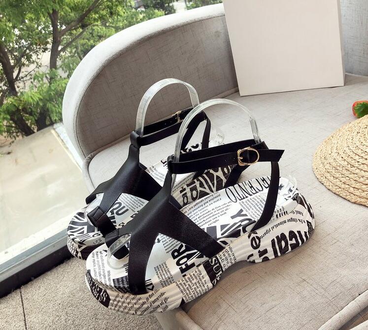 Kvinder sko læder sommer strand gladiator klipklapper sandaler kvinder muffin bund tøffel platform afslappet kvinder sandaler  *083: Sort / 6