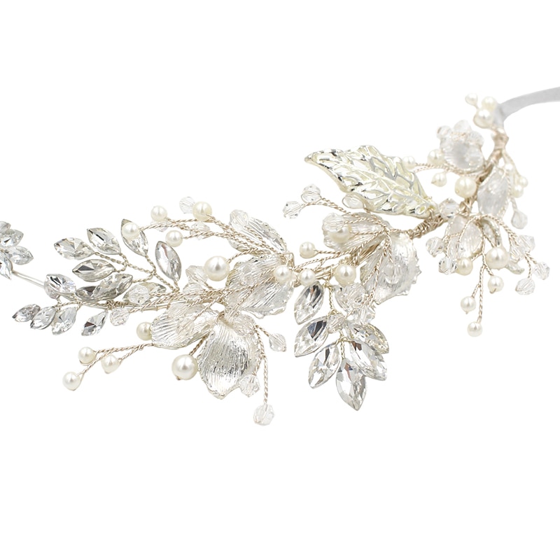 Jonnafe Silber Farbe Blatt Braut Tiara Stirnband Frauen Prom Haar Crown Perlen Schmuck Kristall Hochzeit Kopfschmuck Haar-Zubehör