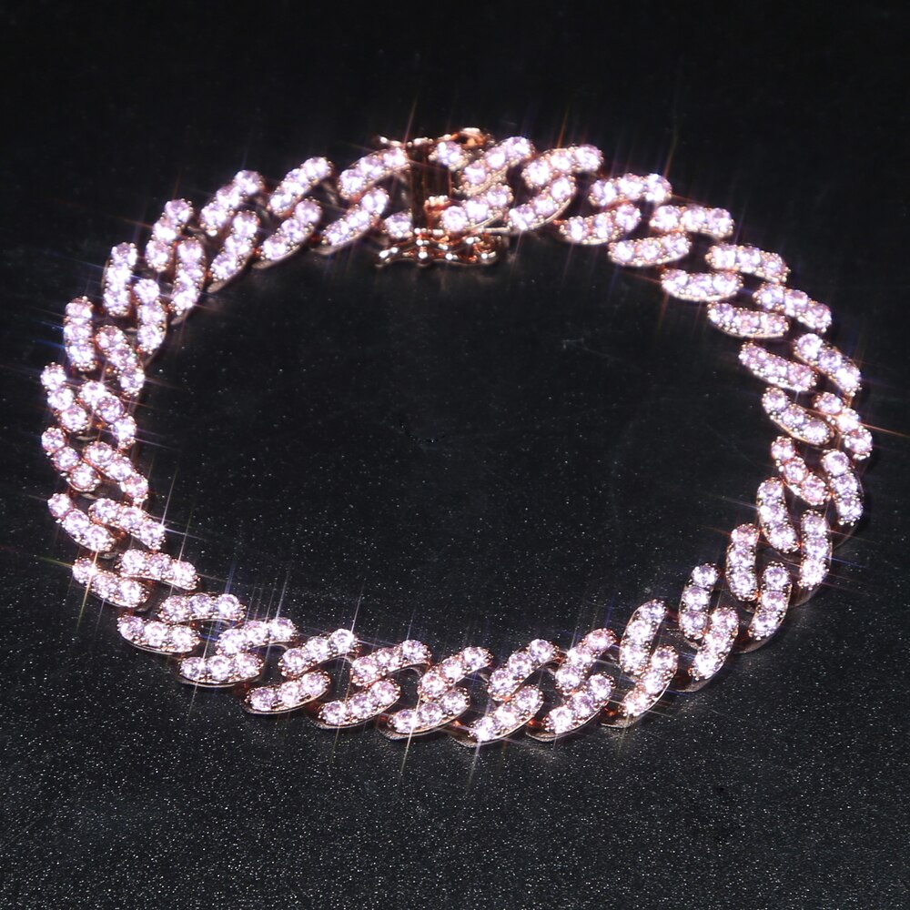 9mm width pink pinky white cubic zirconia cz Miami cuban link chain bracelet for women girl 17cm 19cm