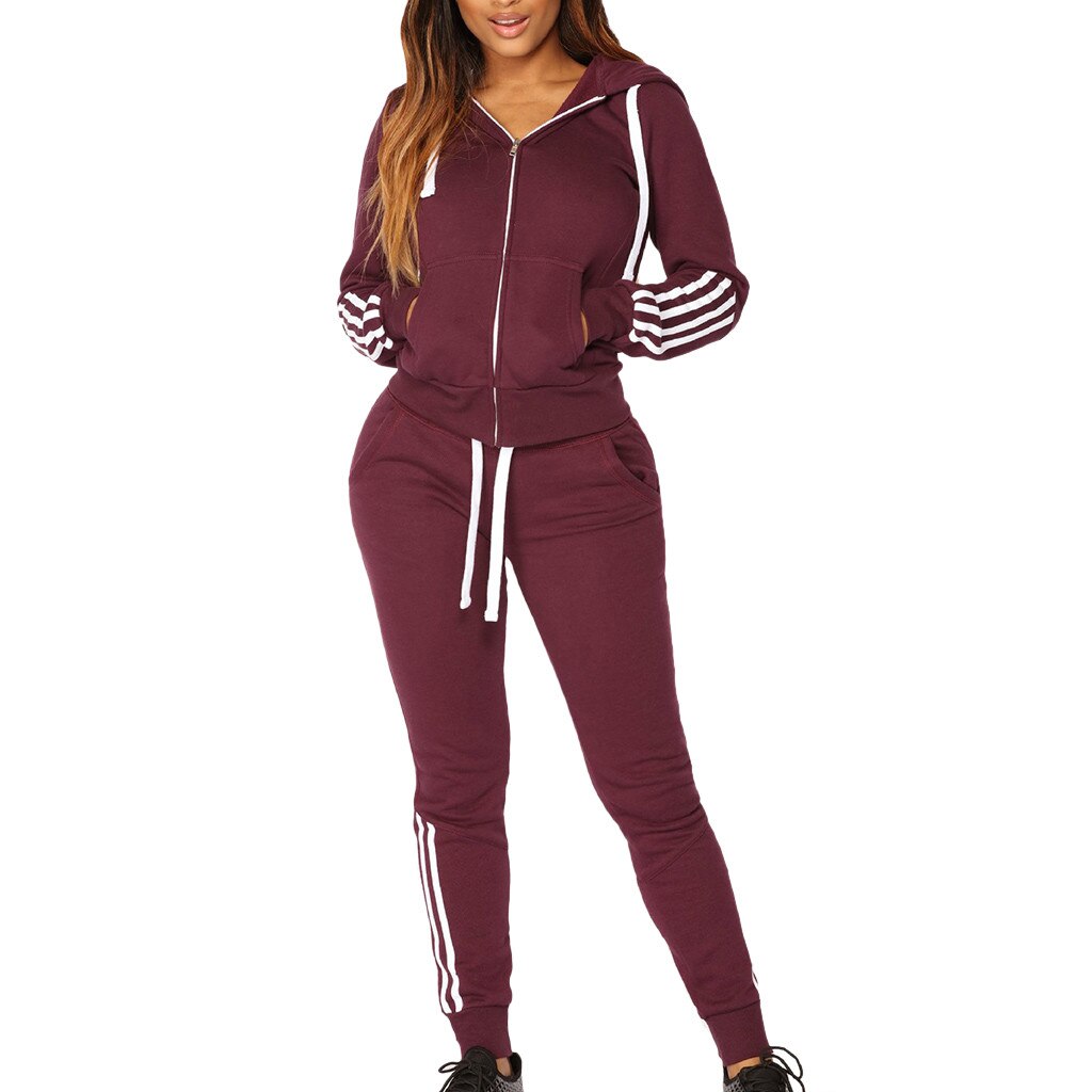 Mode Vrouwen Trainingspak Casual Streep Rits Lange Mouw Trui Sport Tops + Lange Broek Set Herfst Winter Pak Gym Sportkleding #11: Red / Xl