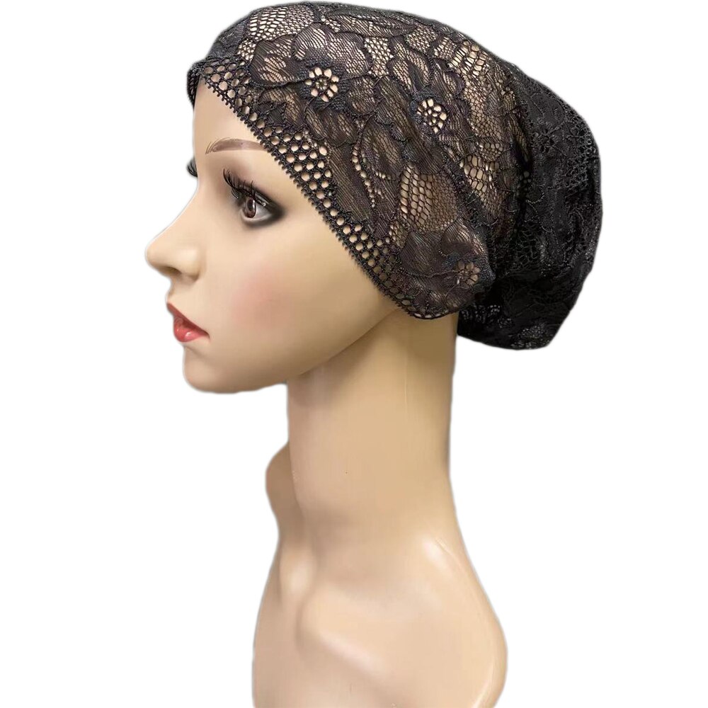 Gorro de tubo de cobertura completa para mujer, gorro interior musulmán con flores de encaje, pañuelo para la cabeza, sombrero islámico árabe, gorrito indio, turbante: 14 Black