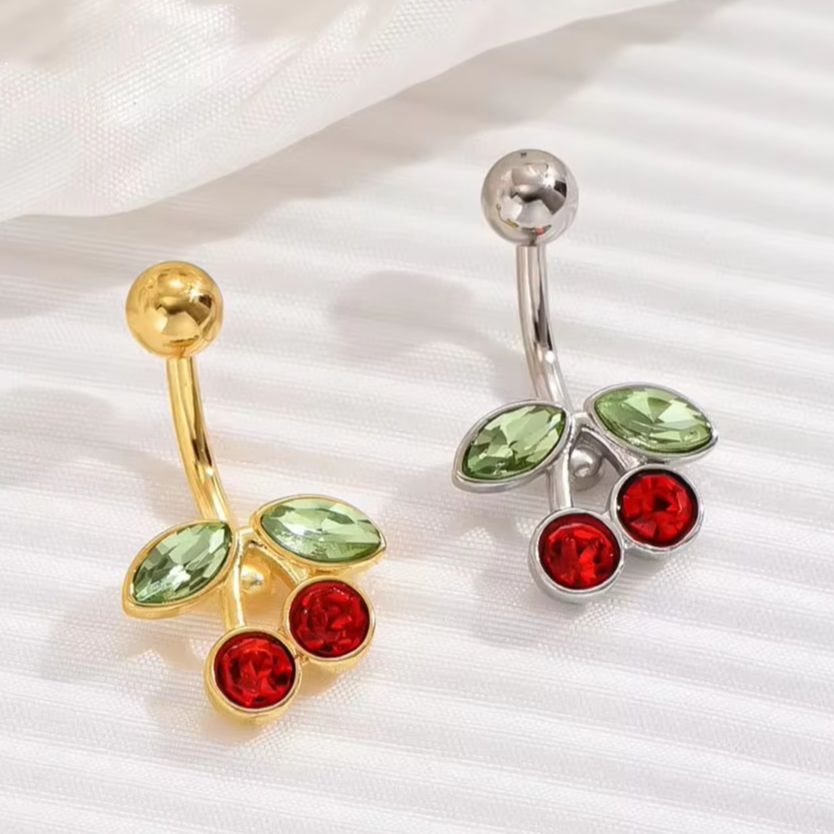 Anillo para ombligo de cereza de oro de 18 quilates chapado en acero quirúrgico bonito de 14G para mujer, Piercing para el ombligo, anillos para ombligo de fruta