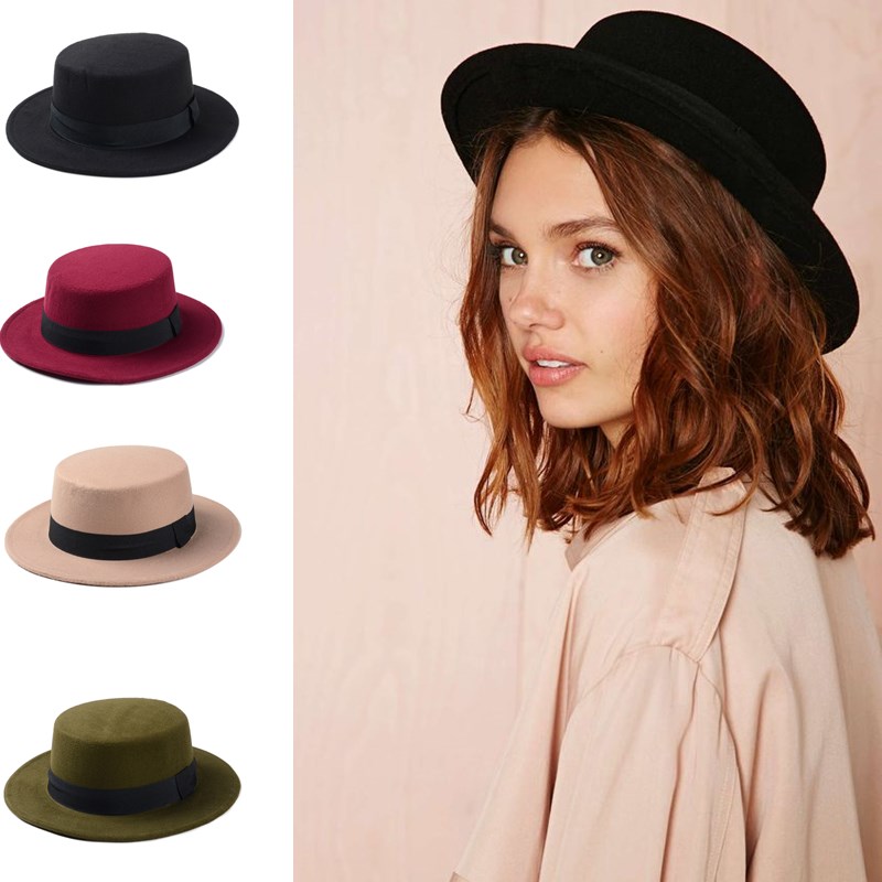 Brand Wool Boater Flat Top Hat For Women's Felt Wide Brim Fedora Hat Laday Prok Pie Chapeu de Feltro Bowler Gambler Top Hat