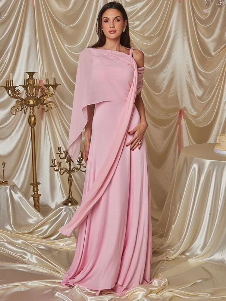 Mozision rosa cape-ärm sexig maxiklänning för kvinnor off shoulder rygglös klänning sned krage snörning lång klänning vesti: L