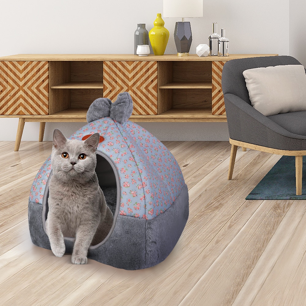 Katt varm grotta härlig rosett valp vintersäng hus kennel fleece mjukt bo för små medelstora hundhus för katter