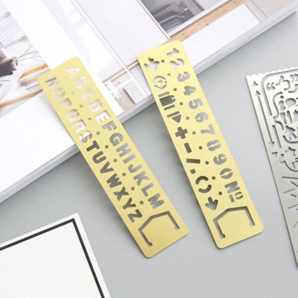 Retro Brass Multifunction Drawing Template Ruler Alphanumeric Hollow Metal Ruler DIY Handwriting Learning Tool Ruler