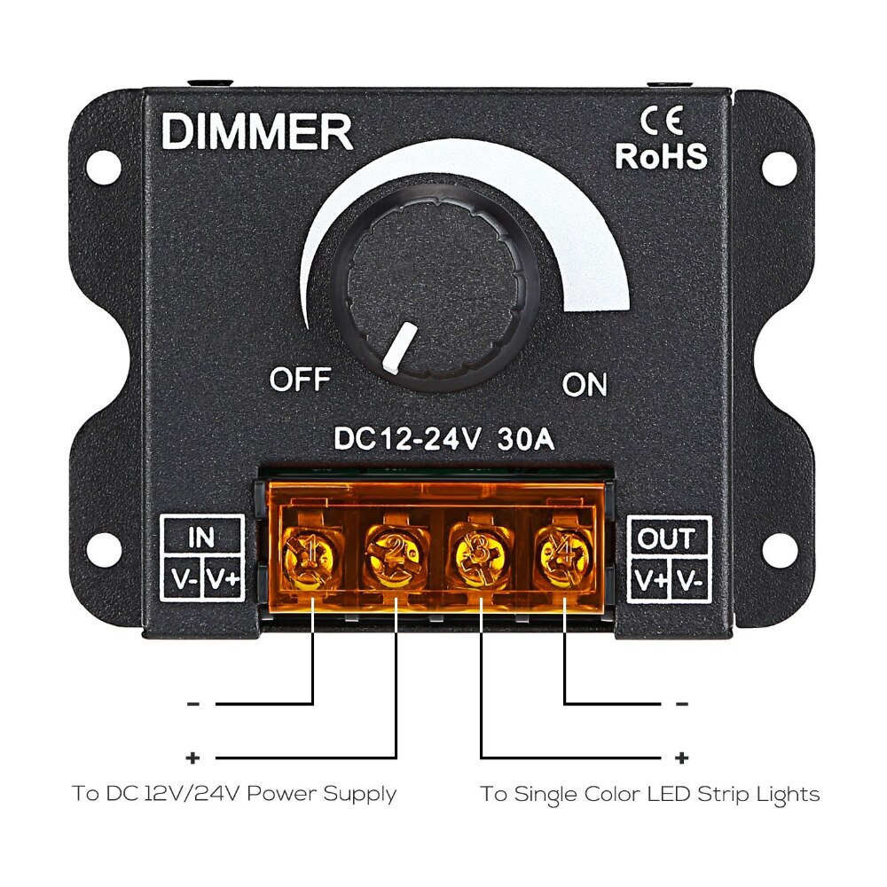 PWM Dimming Controller for LED Strip Light, DC 12V - 24V Dimmer Knob ON/OFF Switch with Aluminum Housing, Single Channel 30A