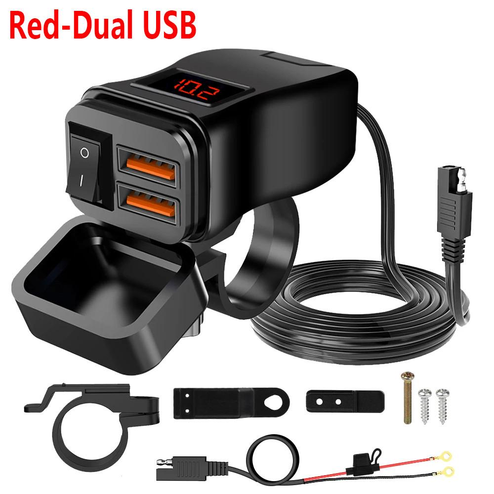 PD+QC3.0 Motorcycle USB Fast Charger 60W Handlebar Dual USB Socket with Switch Voltmeter Waterproof 12V Power Supply Adapter: RED