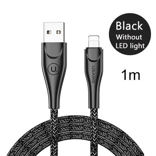 USAMS USB Cable for Lighting Cable for iPhone Cable 2m 2.4A fast charging Data Cable for iPhone 7 8 X 6 6s plus 5 SE 5S charger: Black No LED 1m