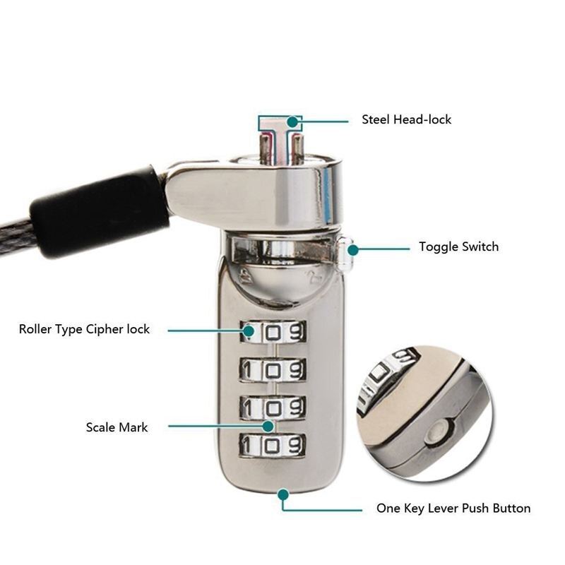 Notizbuch Laptop Kombination Schloss Sicherheit Kabel-4 Ziffer Passwort Schutze, Diebstahl-mit robust Dicken Schwarzen Securi