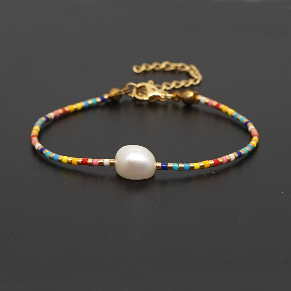 GO2BOHO Miyuki Rainbow Beads Bracelet Women Real Pearl Bracelets Jewelry Pulseras Handmade Stainless Steel Chain