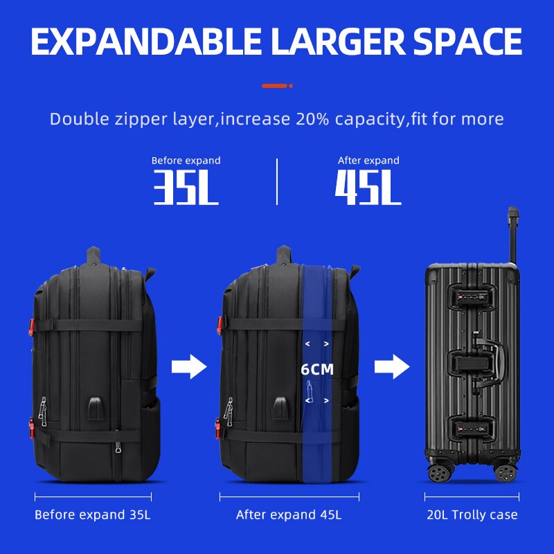 2022 WIERSOON 45L Male Expandable Large Capacity Traveling Backpack for 17 inch Laptop Men's Backpack Approved Weekender Bag