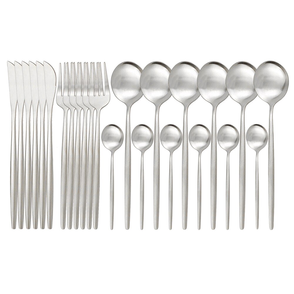 Couverts en or noir mat de 24 pièces | Service de vaisselle en acier inoxydable 304 fourchette cuillère en argenterie, service de couverts de cuisine: 24Pcs Silver