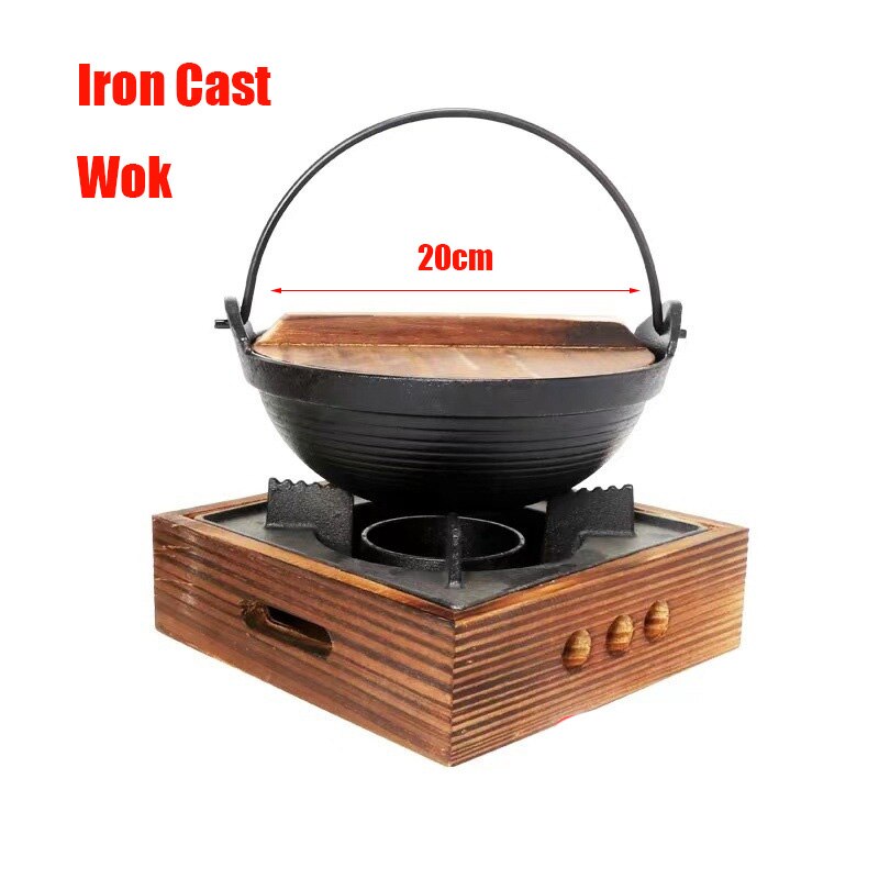 Olla japonesa Sukiyaki de hierro fundido, Wok con tapa de madera, japonés, olla , estufa colgante, herramienta de cocina para el hogar y restaurante: Iron Cast