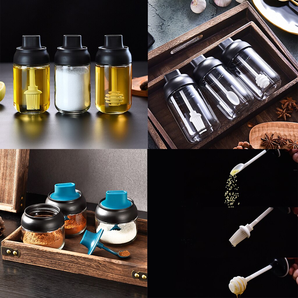 Récipient à condiments en verre hermétique boîte d'assaisonnement sel sucre huile miel bouteilles de stockage avec cuillère et couvercle pots à épices de cuisine