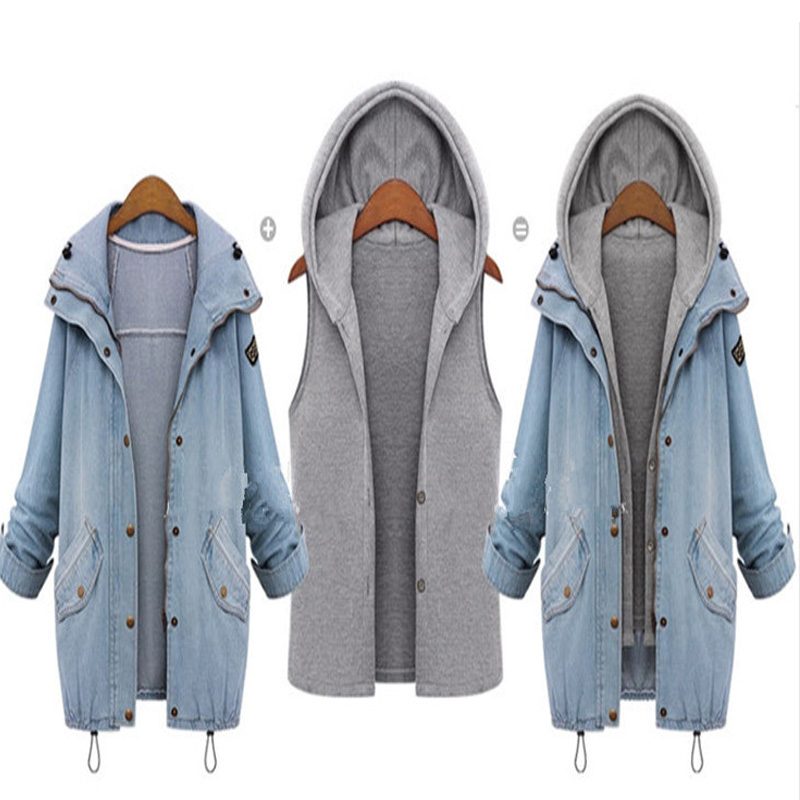 Blouson printemps-automne en Denim pour Femme, deux pièces, à capuche, grande taille, manteau de maternité