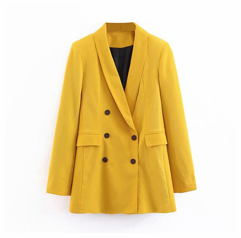 Blouson jaune jaune pour femmes, , col échancré, poches à Double boutonnage, vêtement de bureau, pour le travail, hauts: M