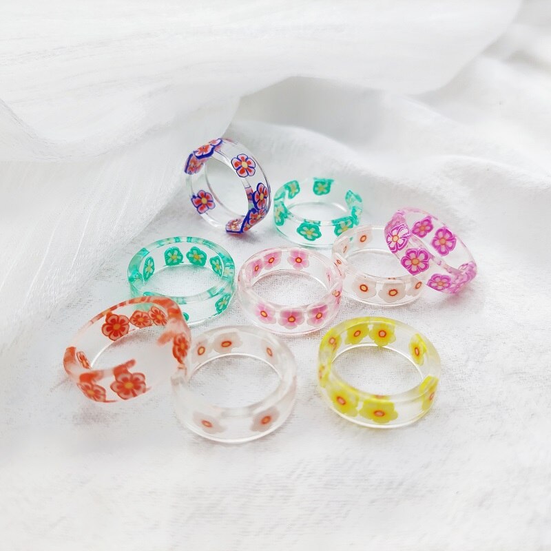 anillos mujer alianzas de boda pareja anillos aesthetic anillo mujer anillos tous 20 piezas / lote color transparente resina acrílico anillo mujer niña flor mariposa sonrisa carta impresión joyería al por mayor: Flower