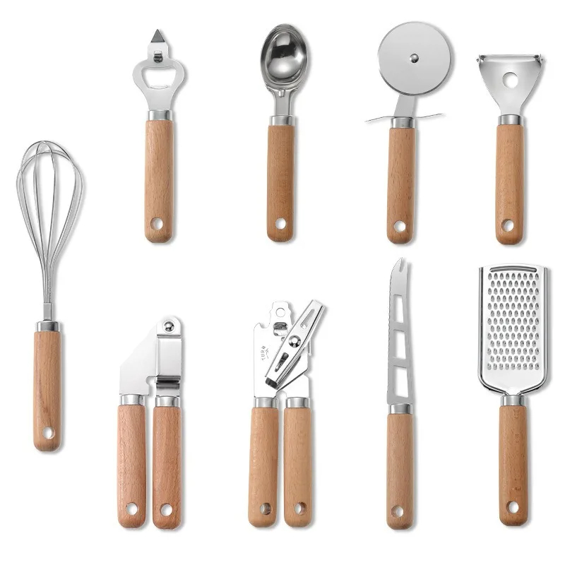 9 stücke Küchen helfer & Küchen werkzeug Geschenkset Küchengeräte und Gerät einstellen Edelstahl Utensilien einstellen mit Holzgriff