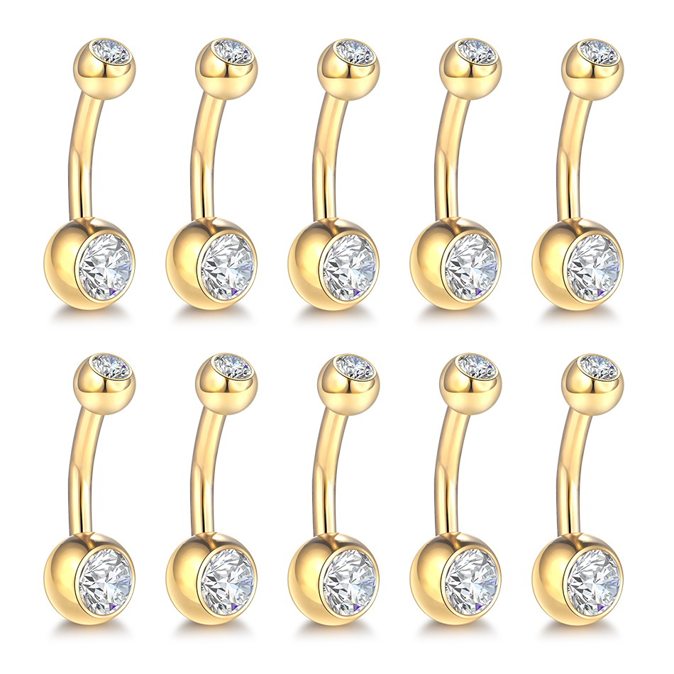 10 stk/parti titanium cz krystal navle ring navle bar piercing 6/8/10/12mm mave nobril piercing sexet smykker til kvinder 14g: Hvid / Guldfarve
