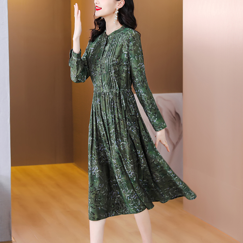 Sidenklänning tryck långärmad grön satin midiklänning kvinnor vintage casual festklänningar vår höst vestidos