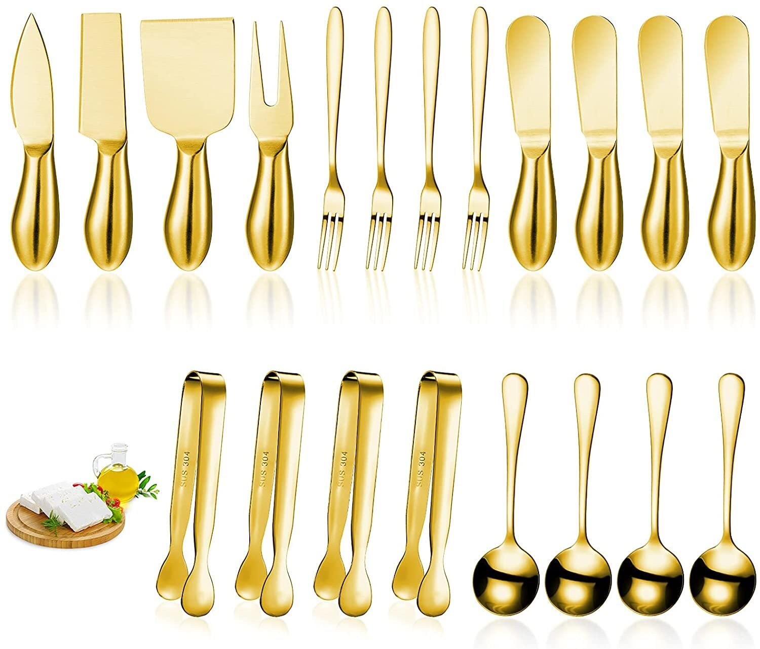 14/20pcs Gold Cheese Knife Set Cheese Spreaders Knife Butter Slicer with Mini Serving Tongs Spoons and Fruit Forks Knives Set: 20pcsGolden