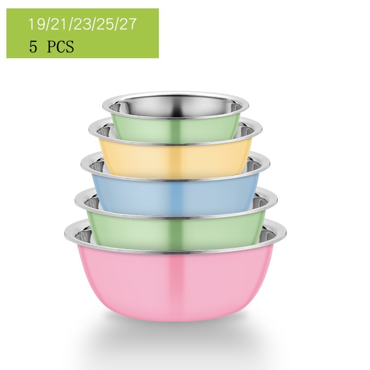 5PCS Stainless Steel Salad Bowl Drain Basket Drainer Mixing Bowls Set Kitchen Vegetables Fruit Washing Storage Container: 19-21-23-25-27 B