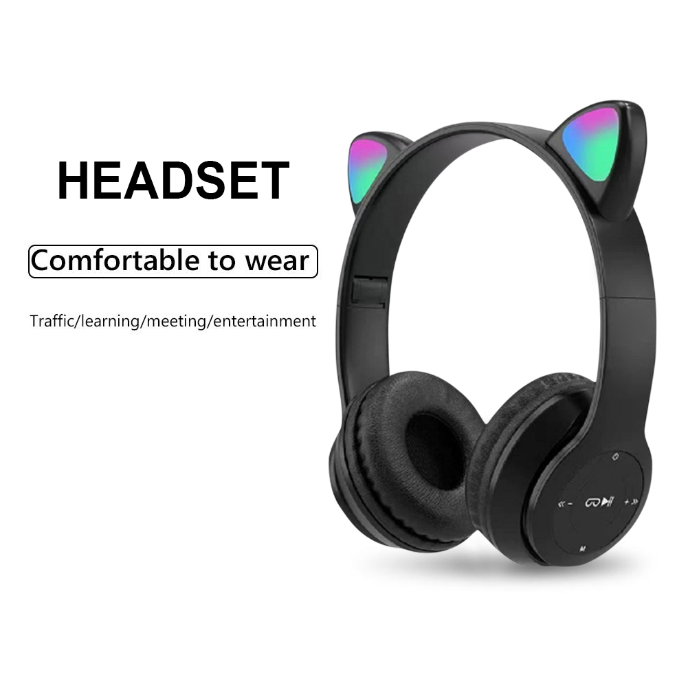 Trådlösa spelhörlurar med kattöra, lysande ljus, bluetooth-kompatibla hjälmar, stereobas, over-ear-headset för pc och telefon