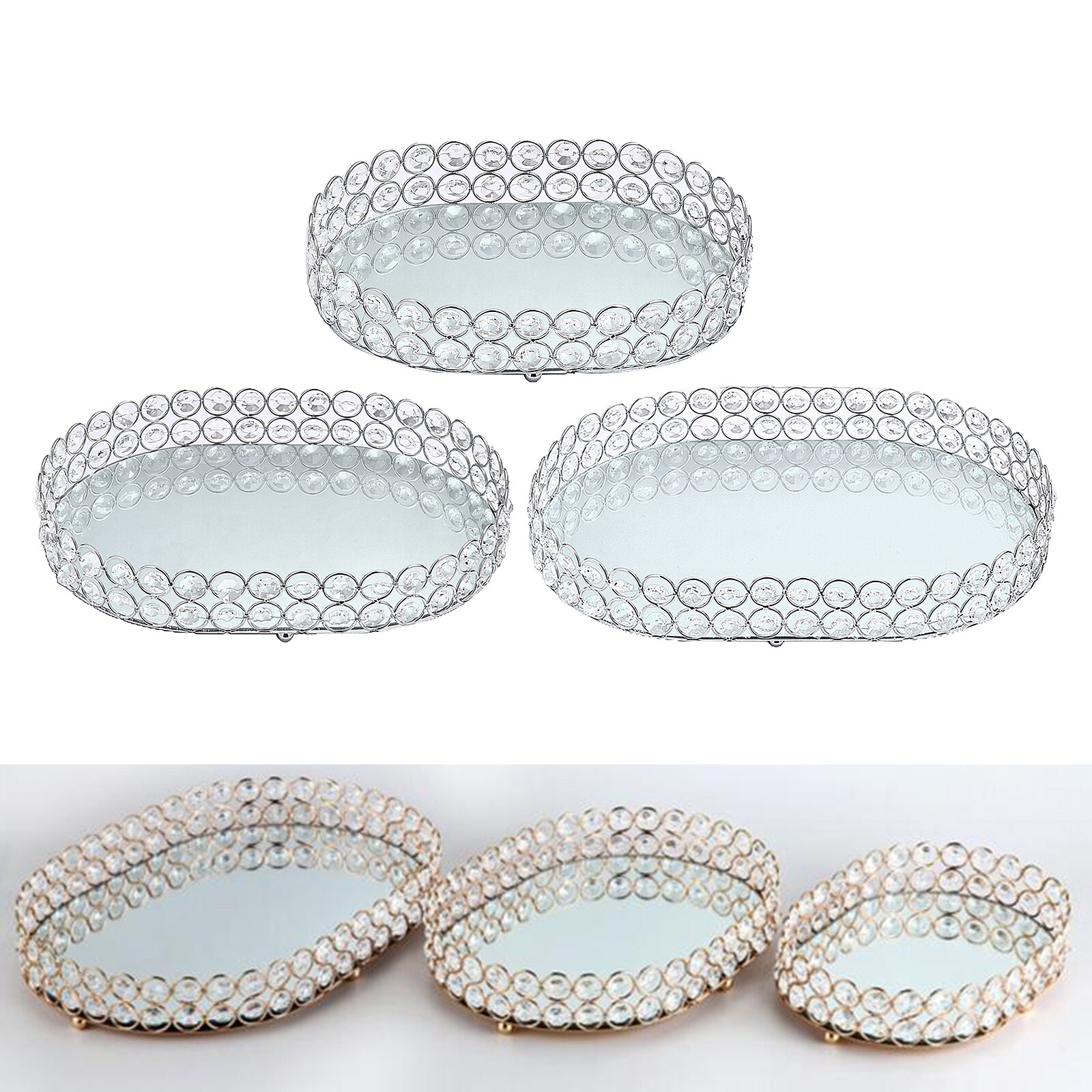 Mirrored Crystal Vanity Tray Delicate Jewelry Storage Tray Glass Mirror Base Bedroom Bathroom Desktop Cosmetic Organize Plate