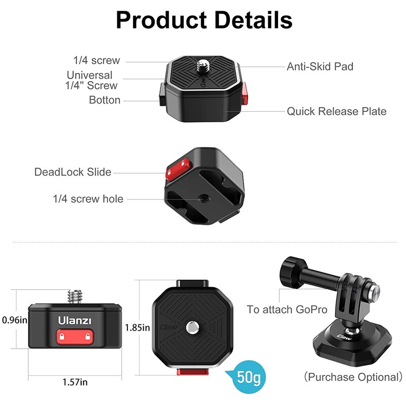 Ulanzi Klauw Quick Release Plaat Klem Voor Dslr Gopro Action Camera Statief Adapter Mount Plaat Board Schouderriem Klem Adapter