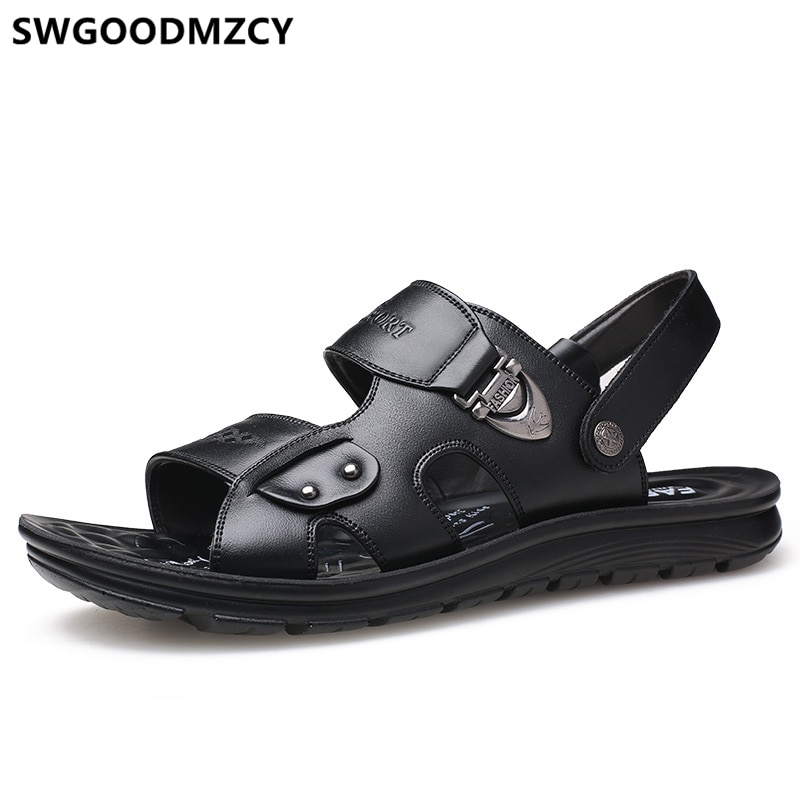 Sandaler mænd italiensk lædersandaler til mænd strandsandaler sommersko sportssko mænd sandalier cuero hombre sandal kulit pria: Sort / 9.5