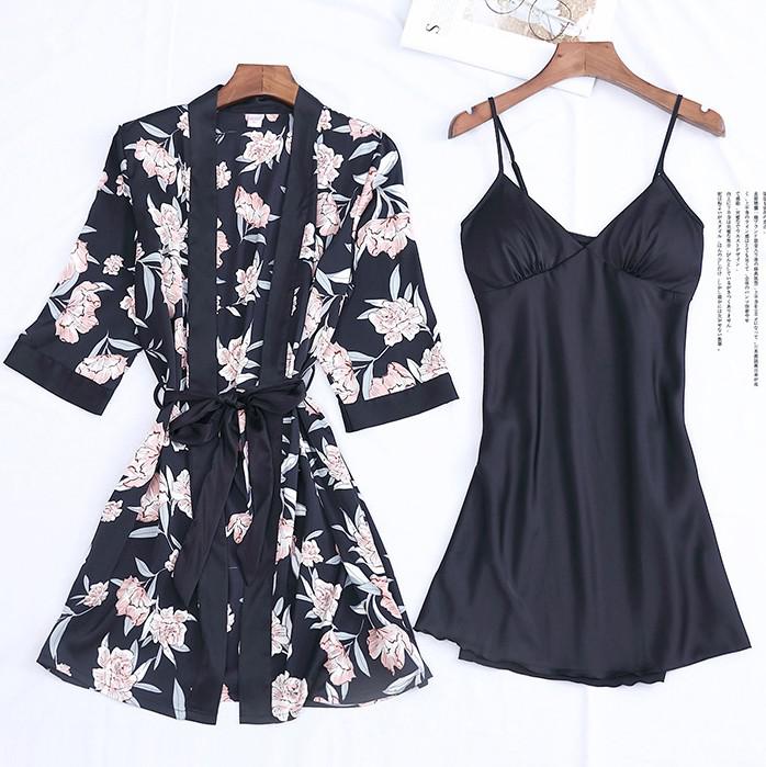 Lady Print Bloem Nighty & Robe Pak Nachtkleding Zijdeachtig Satijn Nachtkleding Kimono Badjas Gown Casual Nachtjapon Thuis Kleding: XXL / Khaki