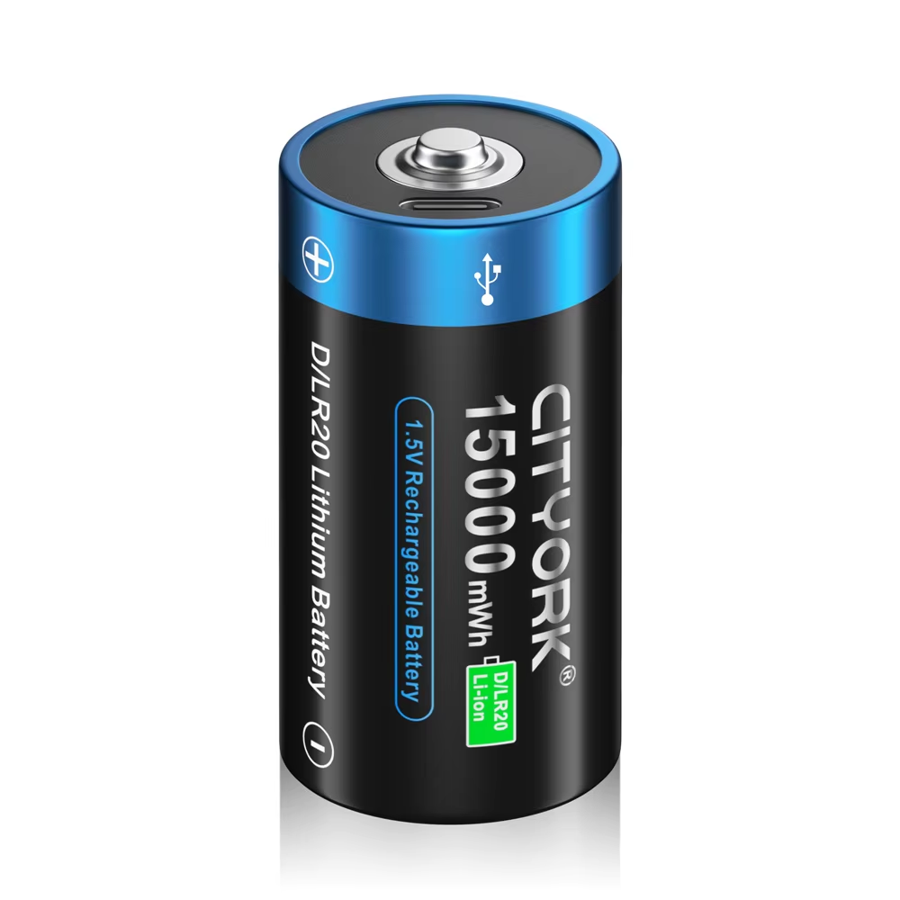 CITYORK-batería de litio recargable tamaño D, 1,5 V, carga USB, baterías de iones de litio R20 LR20 con USB para estufa de Gas, linterna de agua