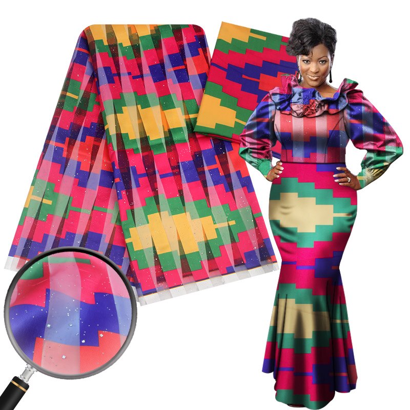 Nigéria ghana organza cetim tecido de seda impressão ancara cera africana 4 jardas + 2 metros chiffon seda para vestido YG812-2