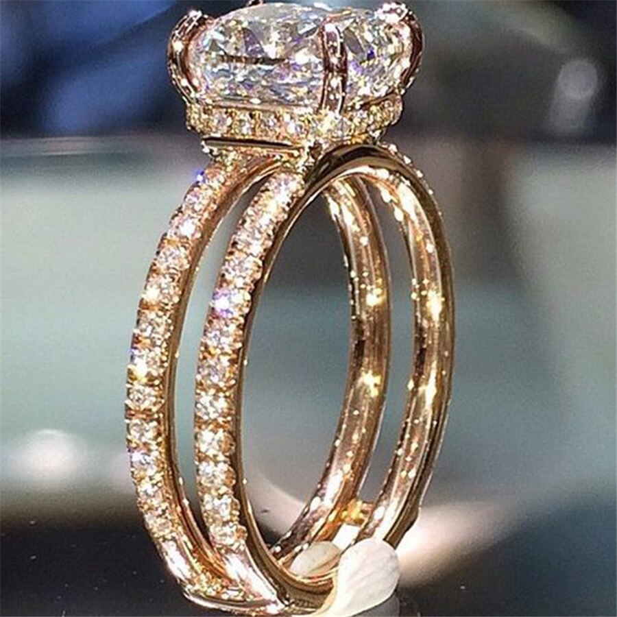 Trendy Korea Ring Dubbele Band Gouden Kleur Grote Cz Crystal Prong Instellen Voor Vrouw Engagement Bruiloft Sieraden: 8