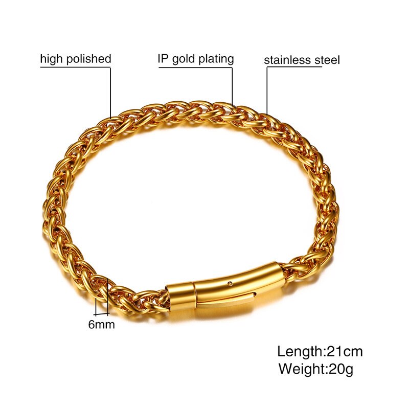 Men&#39;s Spiga Chain Bracelet Gold Tone Stainless Steel Round Box and Wheat Link Braslet Male Jewelry 8.5