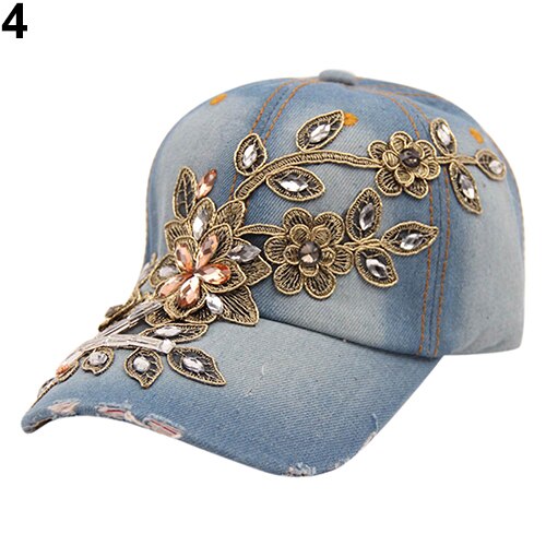 Gorro vaquero con incrustaciones de diamantes de imitación de verano para mujer: Azul claro