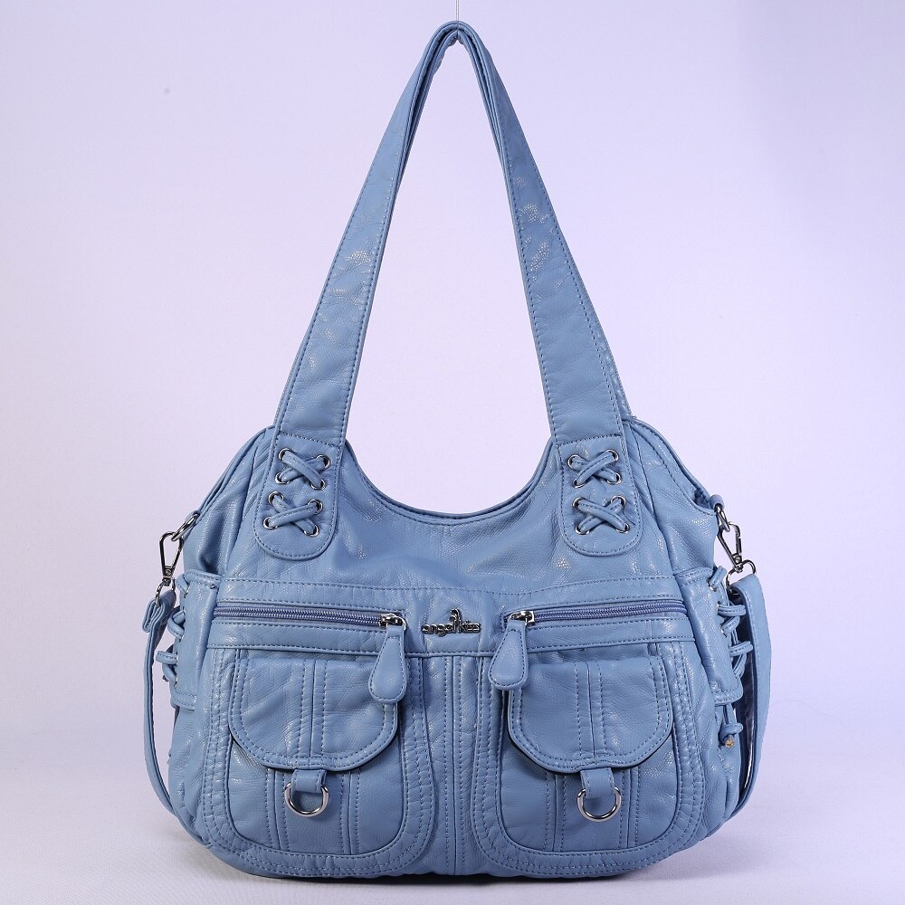 Angelkiss Gewassen Pu Vrouwen Handtas Dame Schoudertas Dubbele-Compartiment En Multi-Pocket Ruim Messenger Tote Met Lange band: Light Blue
