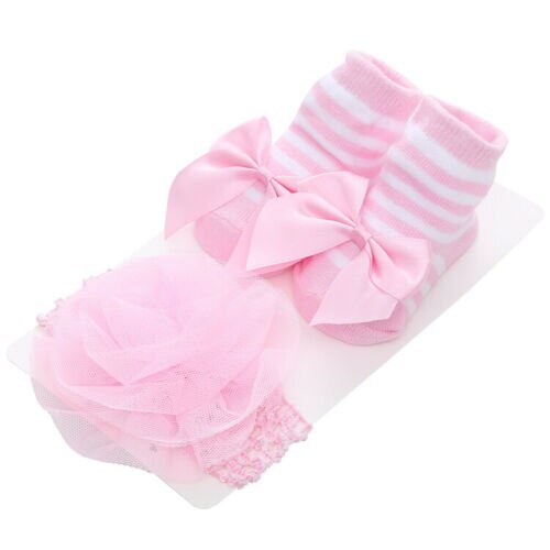 Newborn Solid Color Lace Baby Socks Bow Princess Cute Baby Socks+ Hair Band set: Color B