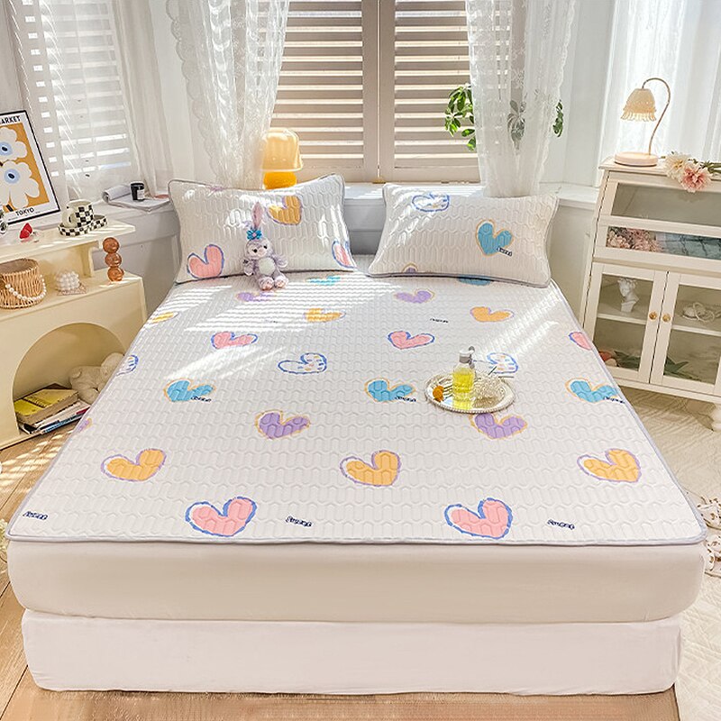 Ins Cute Latex Mattress Cover Set Girly Heart Air Conditioning Soft Mat Foldable Machine Washable Bed Mat Cool Bed Cover