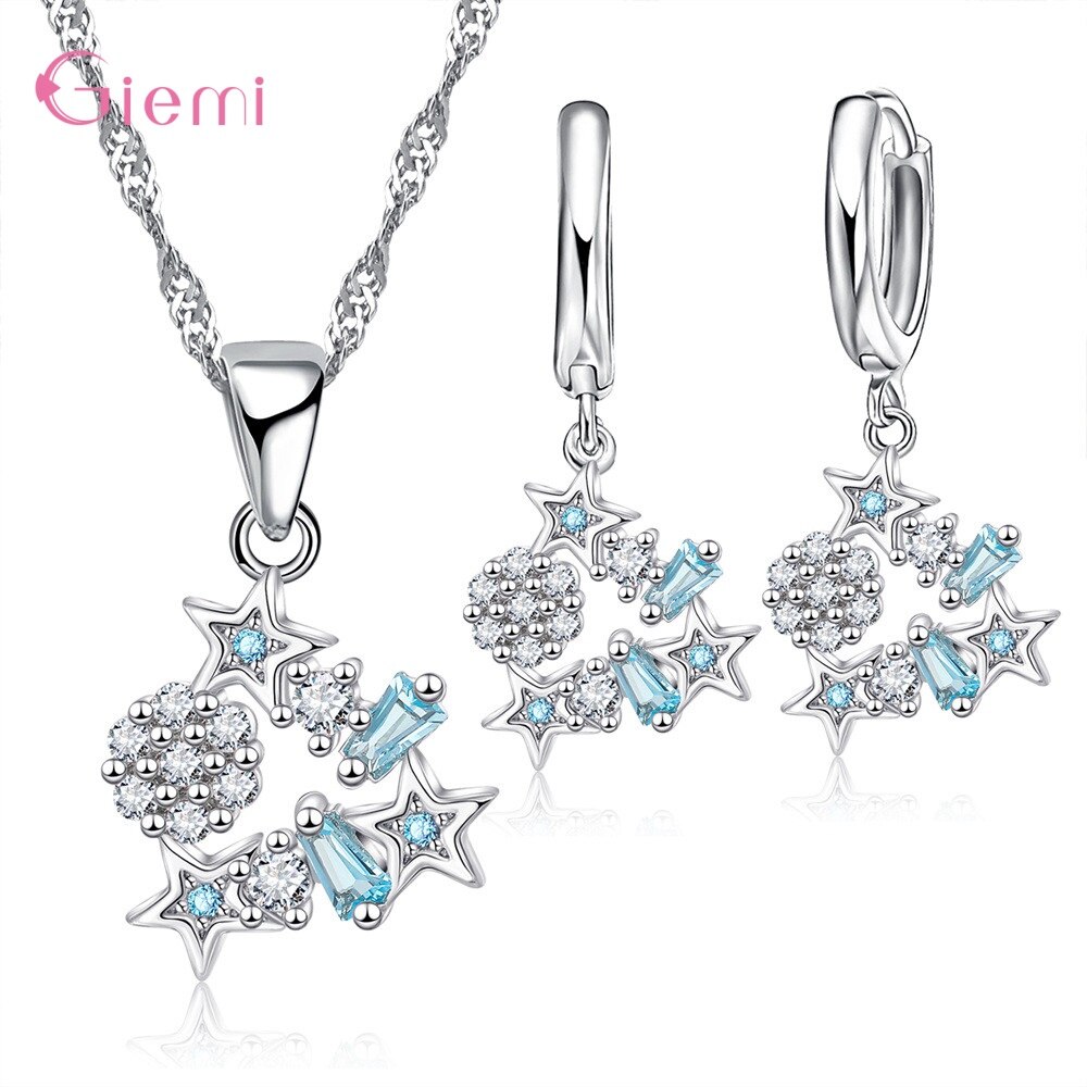 Trendy Stern Halskette Ohrring Set 925 Sterling Silber Cubic Zirkon Schmuck Sets Für Frauen Mädchen Partei Liefert: Blue