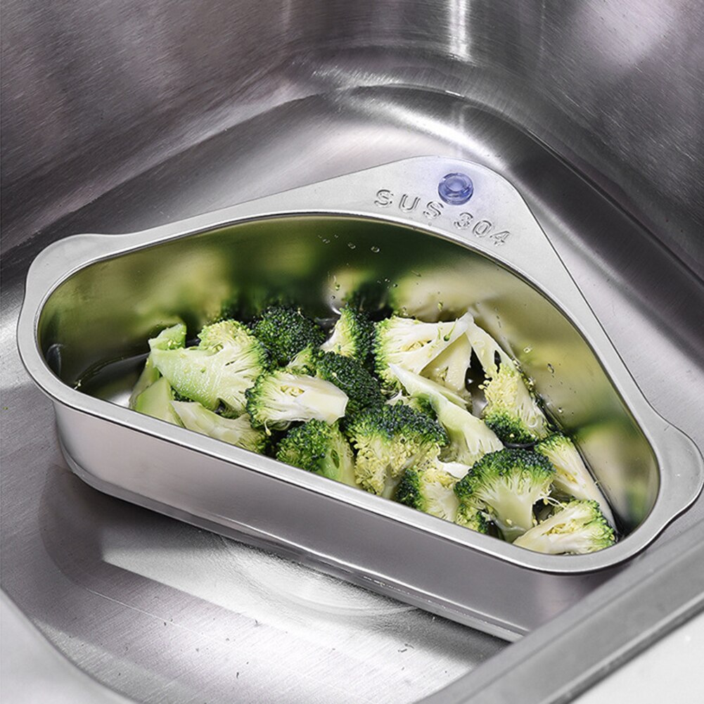 Rvs Driehoekige Afvoer Mand Houder Keuken Groente Fruit Filter Wastafel Plank Opknoping Opslag Zeef Gereedschap