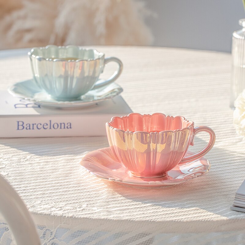 Tasse Fleur Céramique 300 Ml Forme Tulipe - Set Thé/café Avec Soucoupe - SODIAL